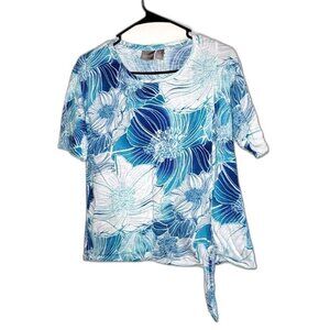 Chico's Womens sz 1 blue white floral short sleeve round neck shirt Cotton knot